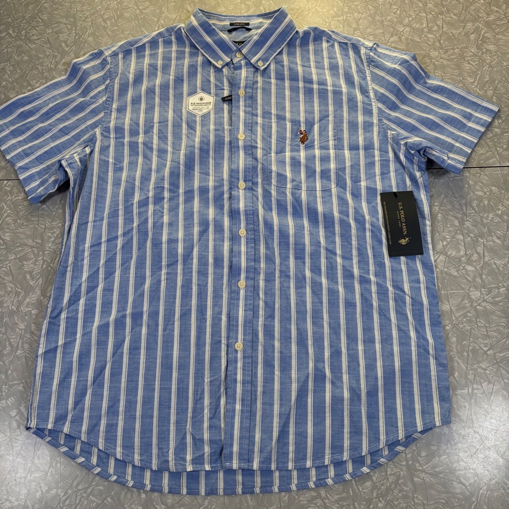 US Polo Assn Mens Large Fountain Blue Striped Short Sleeve Woven Shirt NWT 0336